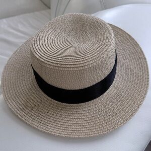 Elegant Tan Straw Boater Hat with Black Band